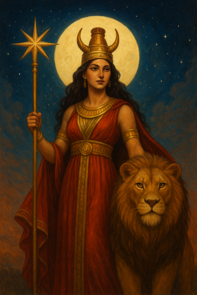 Illustration of the Mesopotamian goddess Inanna standing beside a powerful lion under a luminous full moon, wearing a red gown and horned crown, holding an eight-pointed star staff; symbolic depiction of the Sumerian goddess of love, war, and sovereignty.