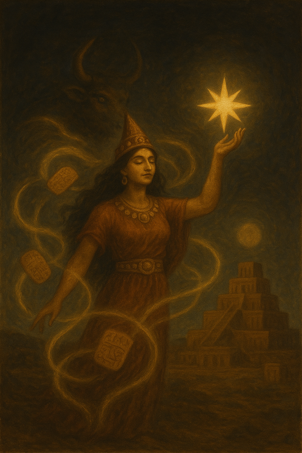 An ecstatic, mystical depiction of Inanna standing before the ziggurats of ancient Mesopotamia at night. She holds a radiant eight-pointed star aloft, eyes closed in trance. Golden currents swirl around her, carrying floating Me tablets. Behind her, the shadow of the Bull of Heaven emerges from the darkness. The scene glows with earthy gold and deep night-blue tones, blending sensuality, power, and cosmic mystery.
