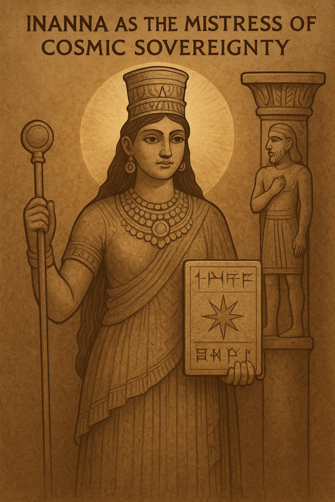 Illustration of the Sumerian goddess Inanna as Mistress of Cosmic Sovereignty, holding a sacred tablet inscribed with cuneiform signs and the eight-pointed star of Venus, conferring divine kingship, while Dumuzi appears as a sacrificial king carved into a temple column behind her.