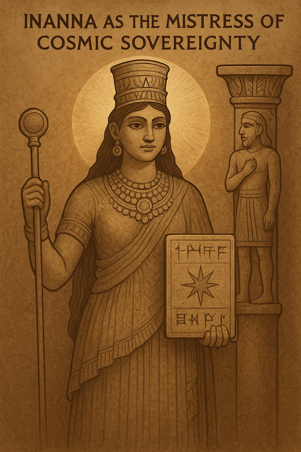 Illustration of the Sumerian goddess Inanna as Mistress of Cosmic Sovereignty, holding a sacred tablet inscribed with cuneiform signs and the eight-pointed star of Venus, conferring divine kingship, while Dumuzi appears as a sacrificial king carved into a temple column behind her.