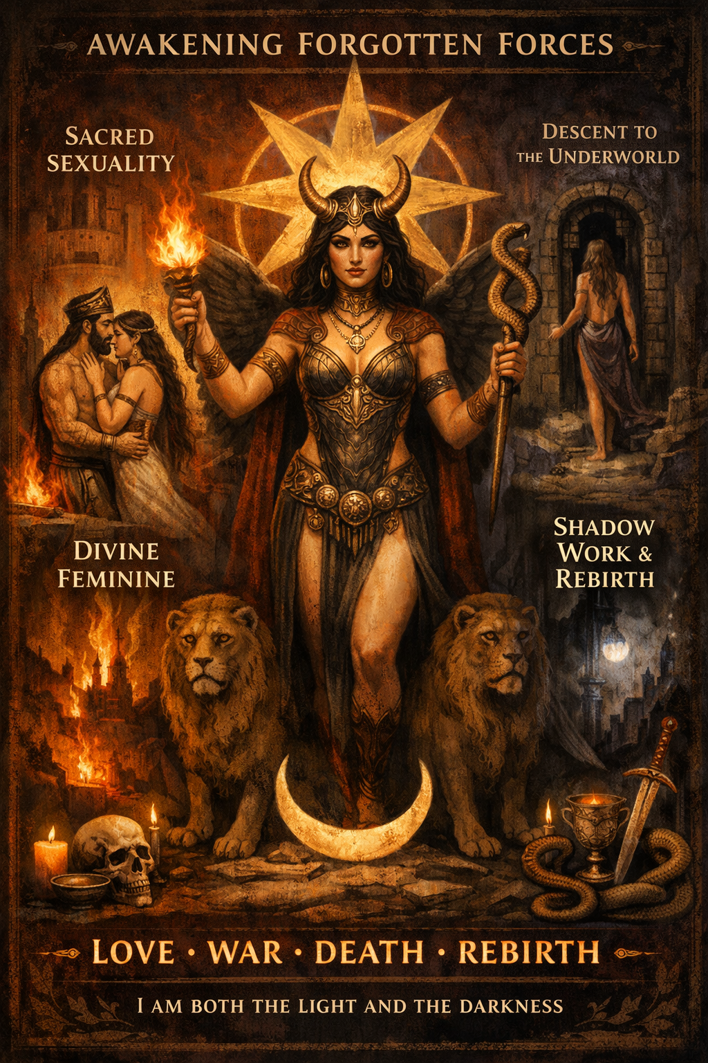 A dark, esoteric illustration of the goddess Inanna standing between fire and shadow, holding a torch and a serpent, flanked by lions, with scenes of sacred sexuality and descent into the underworld, symbolizing divine femininity, sovereignty, death, and rebirth.