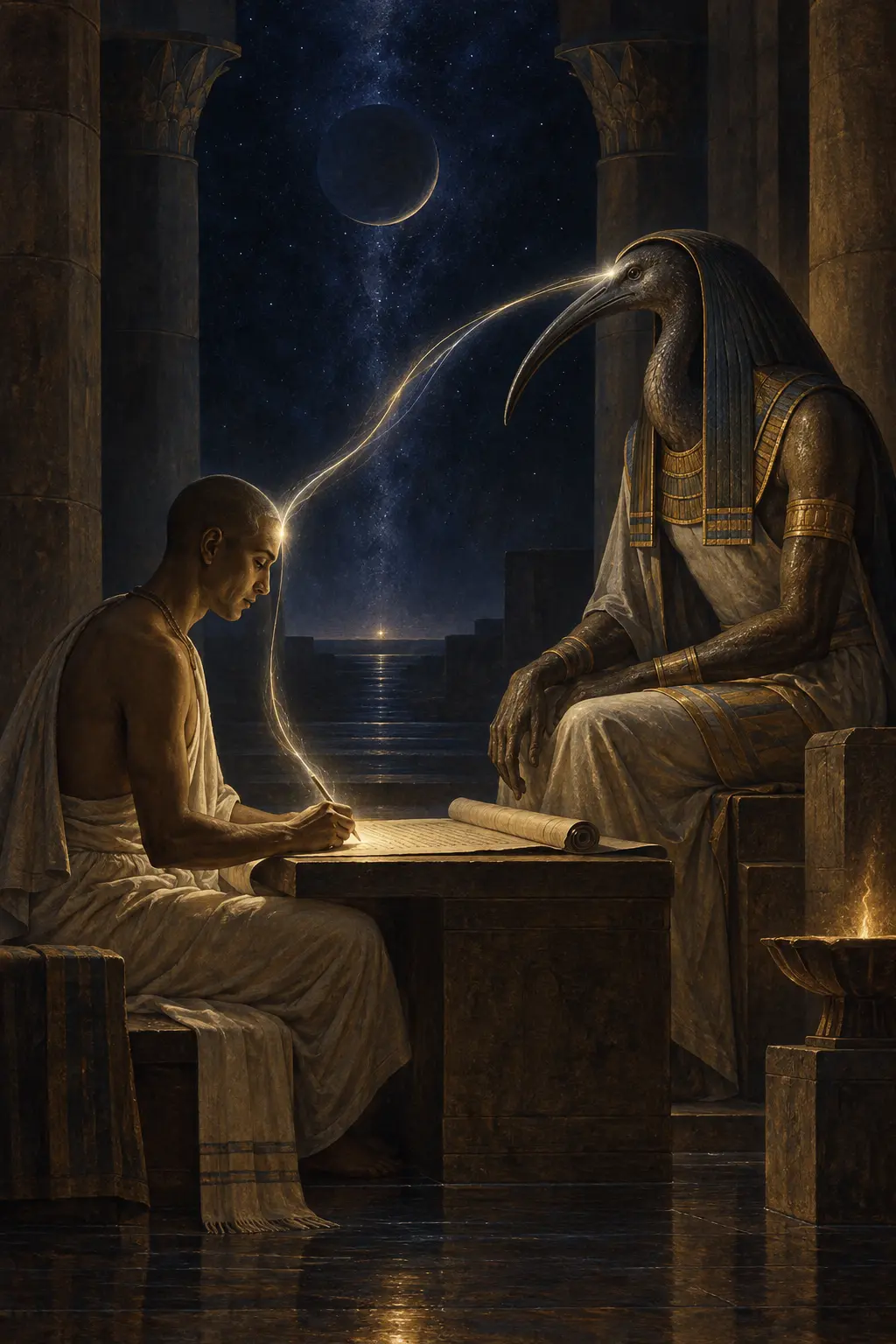 Thoth directs a current of light into the mind and writing hand of a human scribe.